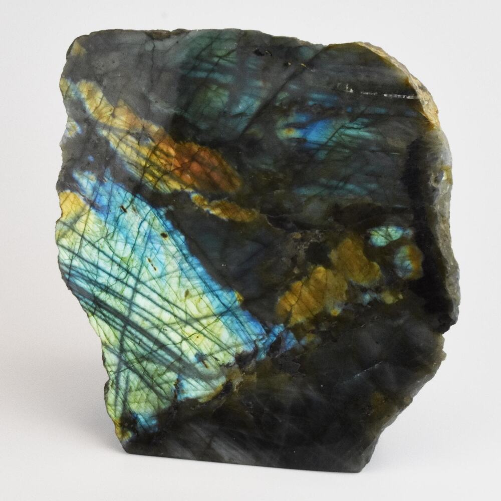 Iridescent Labradorite Standup Mineral Specimen: Polished Face, Flame Flash